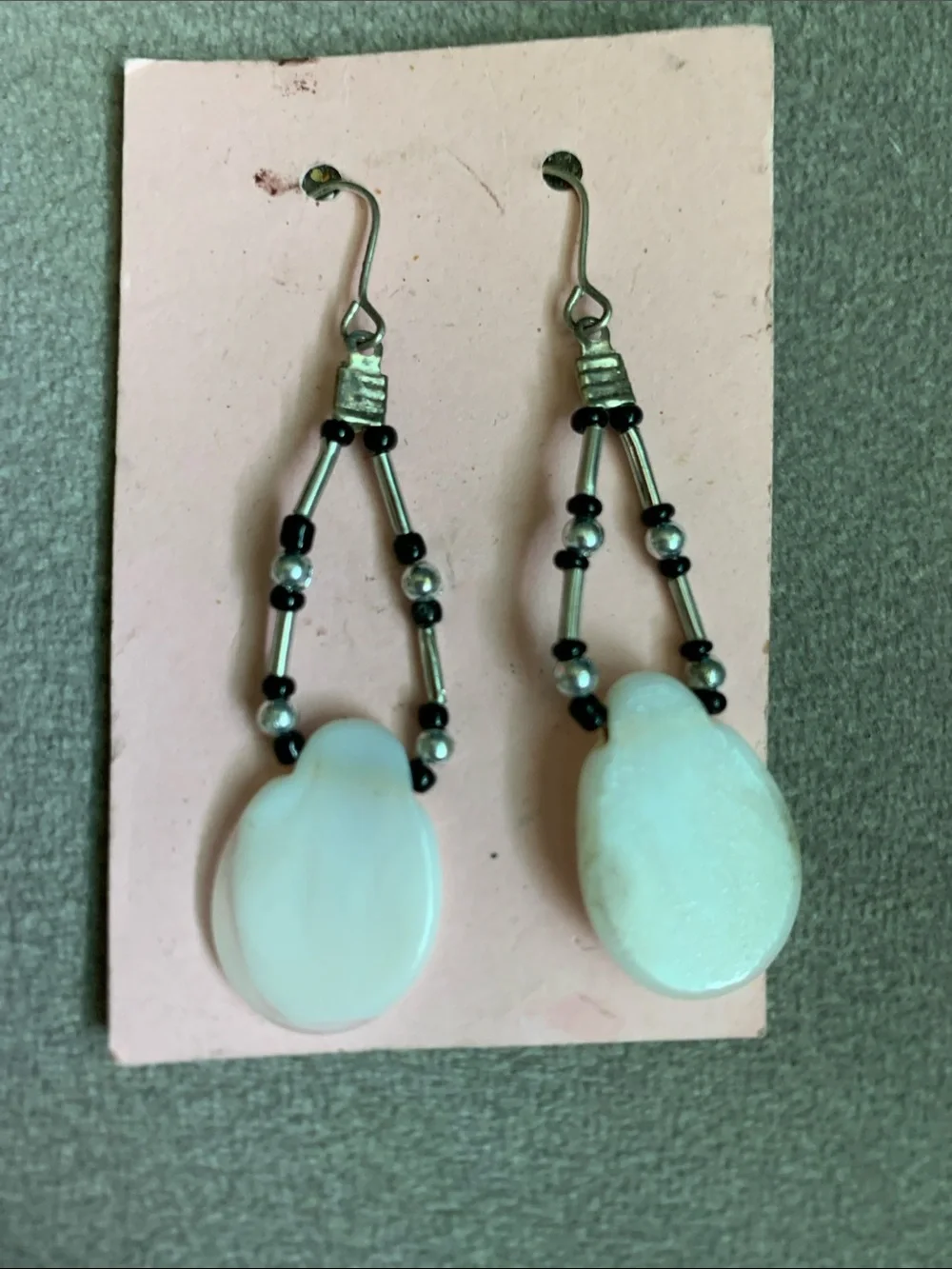 Handmade White Stone Drop Earrings with Black Bead Accents